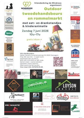 Outdoor tweedehandsbeurs en rommelmarkt met eet- en drankstandjes en kinderanimatie